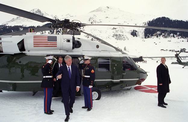 President Clinton disembarks Marine One Presidential Helicopter at Davos for the World Economic Forum
